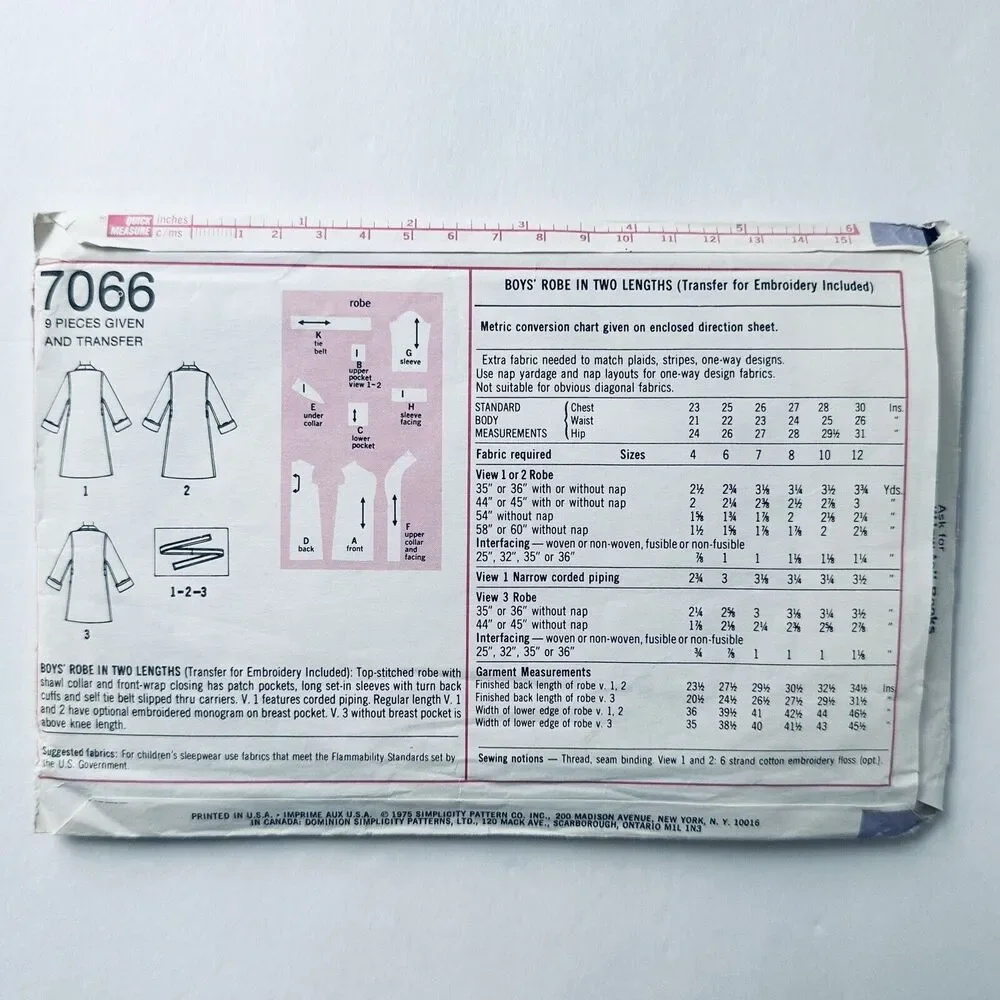 Vintage 70s Simplicity 7066 Sewing Pattern Boys Robe In Two Lengths Size 6 CUT